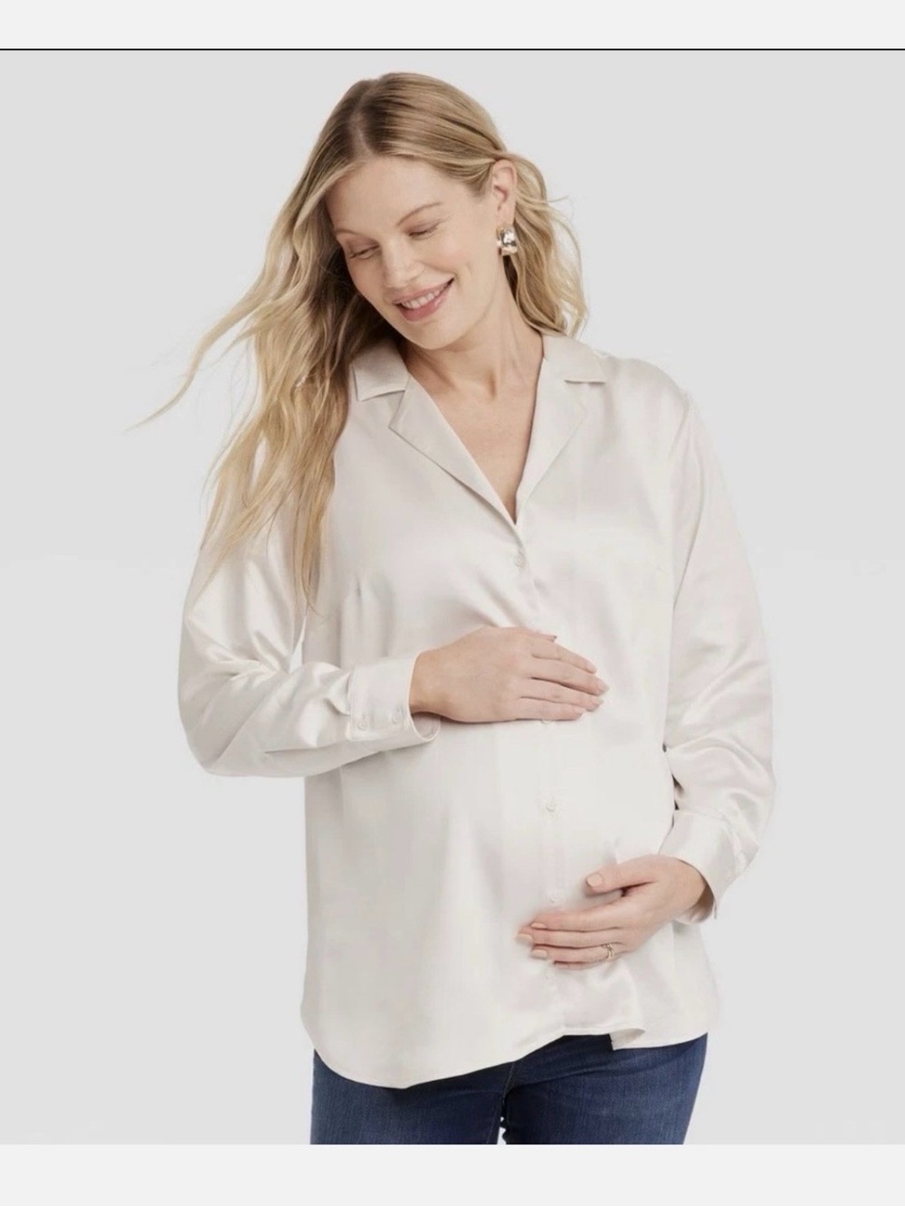 Isabel Maternity Satin Button Front Blouse Women’s XL Ivory Long Sleeve